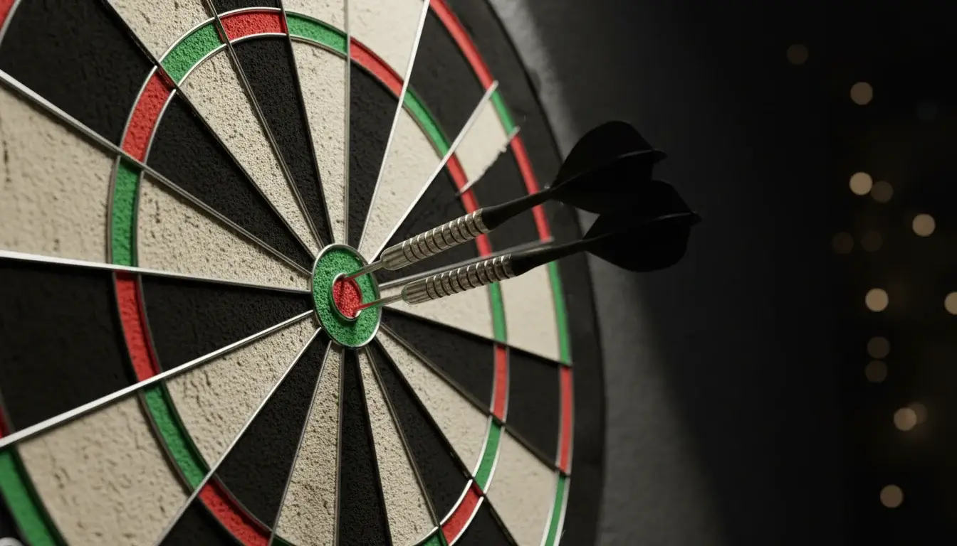 Dartpfeile stecken in der Triple-20 auf einem professionellen Dartboard unter Bühnenlicht