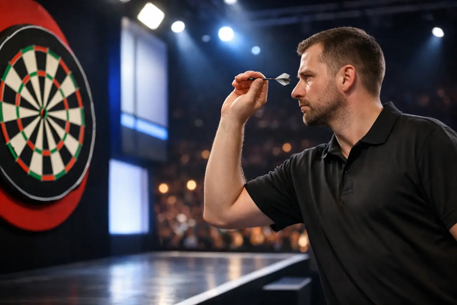 Dartspieler wirft konzentriert einen Pfeil auf der Bühne eines professionellen Turniers