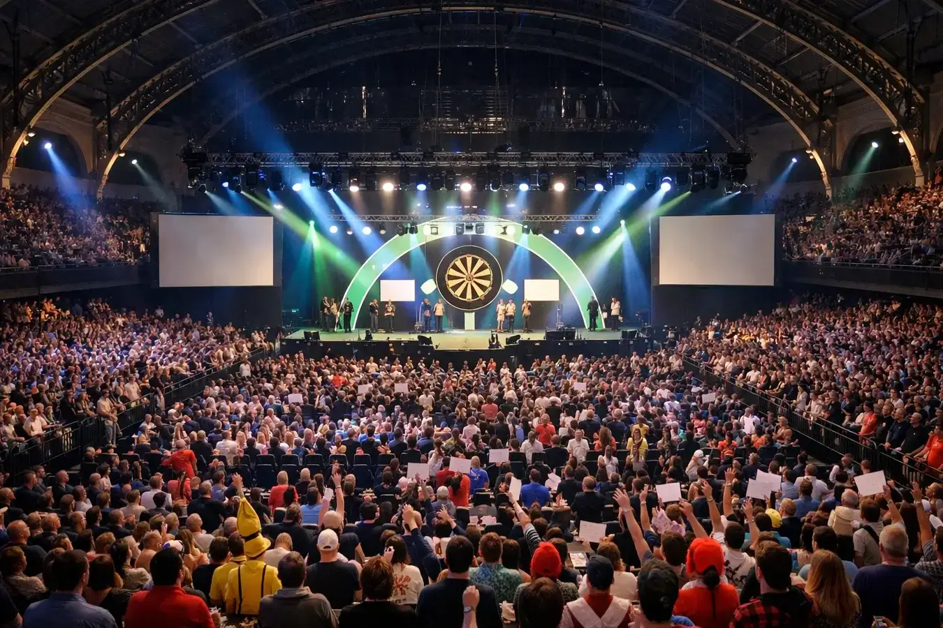 Bühne der PDC Darts-Weltmeisterschaft im Alexandra Palace mit Publikum und Beleuchtung